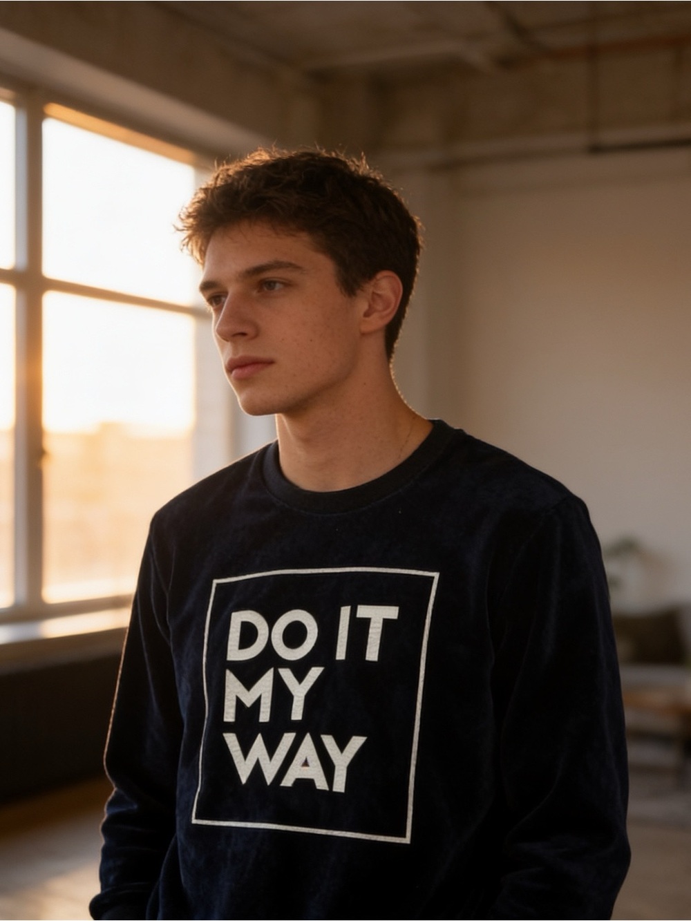 Pull & Bear Do It My Way Navy Blue Velour Sweatshirt